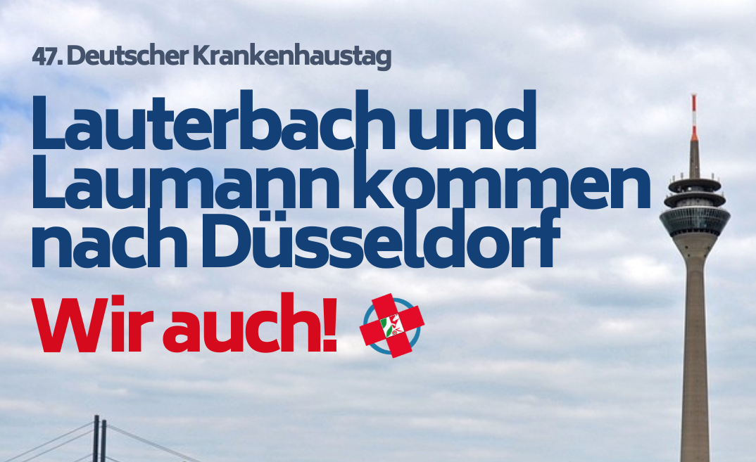 Text: "Lauterbach und Laumann kommen nach Düsseldorf - wir auch." Im Hintergrund ist der Düsseldorfer Fernsehturm zu sehen