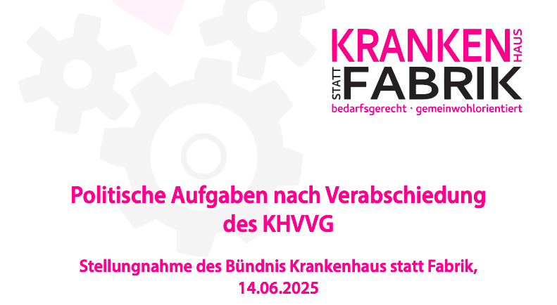 Oben rechts im Bild steht "Krankenhaus statt Fabrik. bedarfsgerecht. gemeinwohlorientiert". Darunter steht: Politische Aufgaben nach Verabschiedung des KHVVG Stellungnahme des Bündnis Krankenhaus statt Fabrik, 14.06.2025
