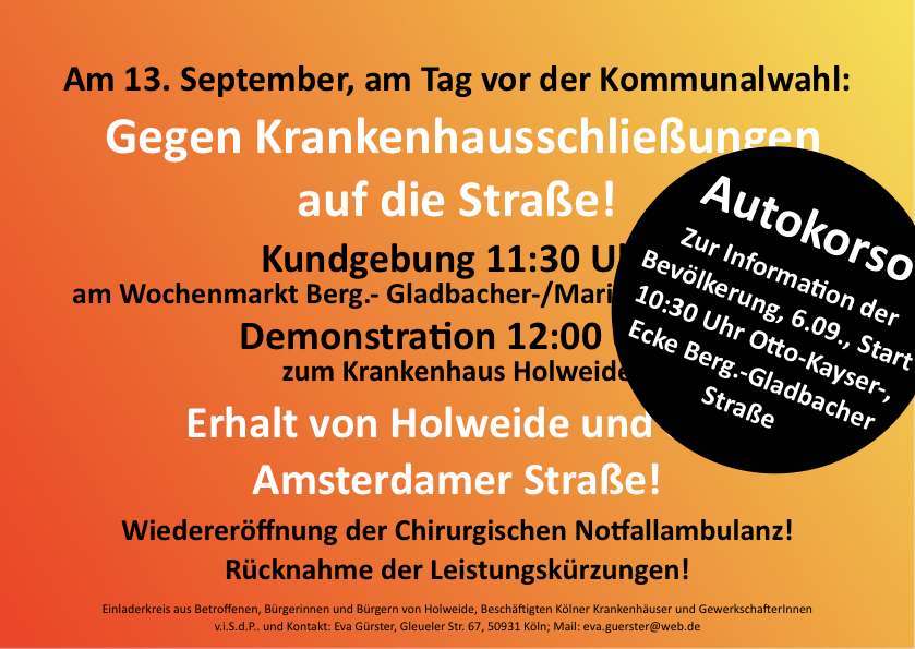Demonstration am 13. September 2025 in Köln: Gegen Krankenhausschließungen auf die Straße!
