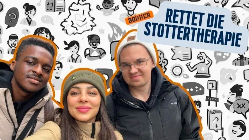 Foto von drei Personen. Darüber steht: Rettet die Bonner Stottertherapie